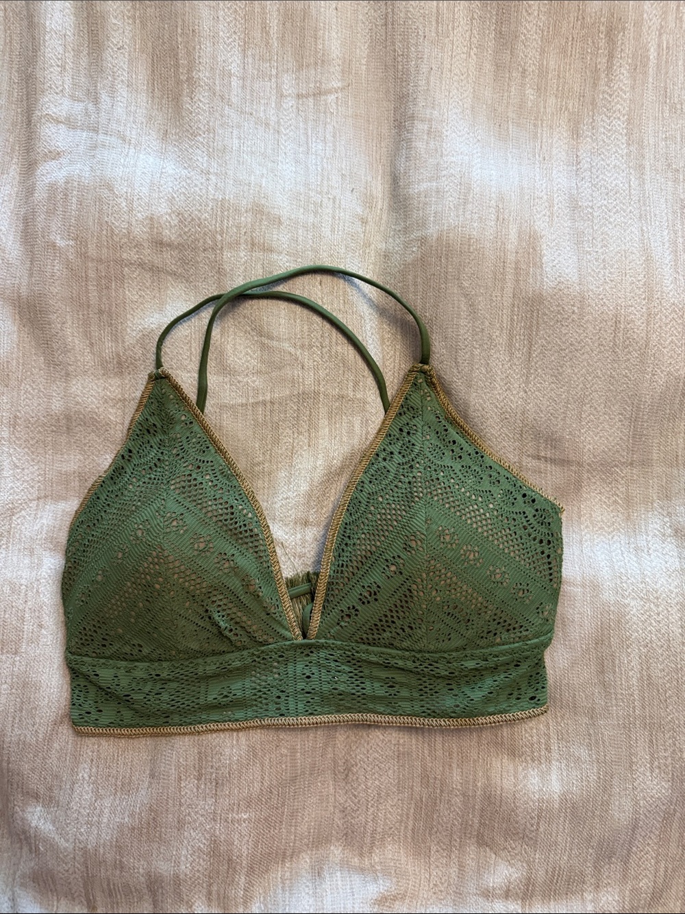 Becca Olive Green Eyelet Crochet Bikini top (size D)